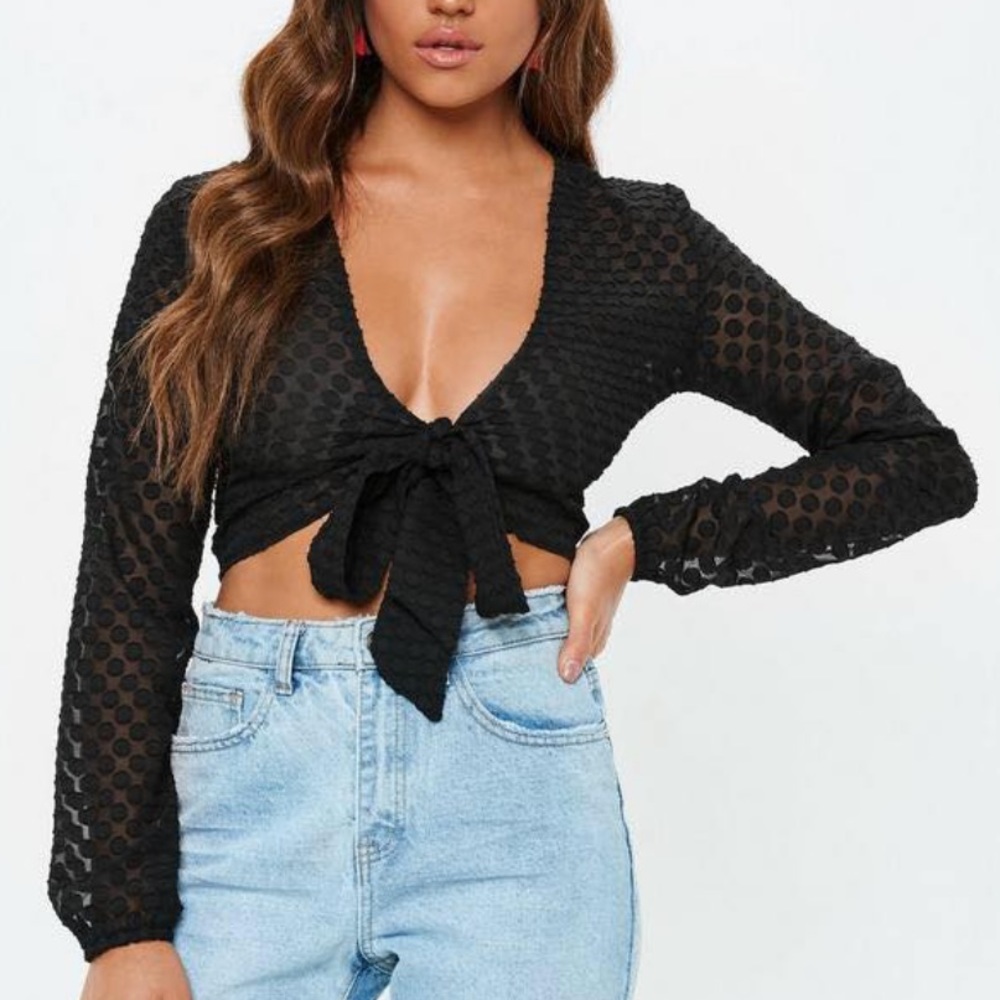 Black Long-Sleeve Tie Front Top
